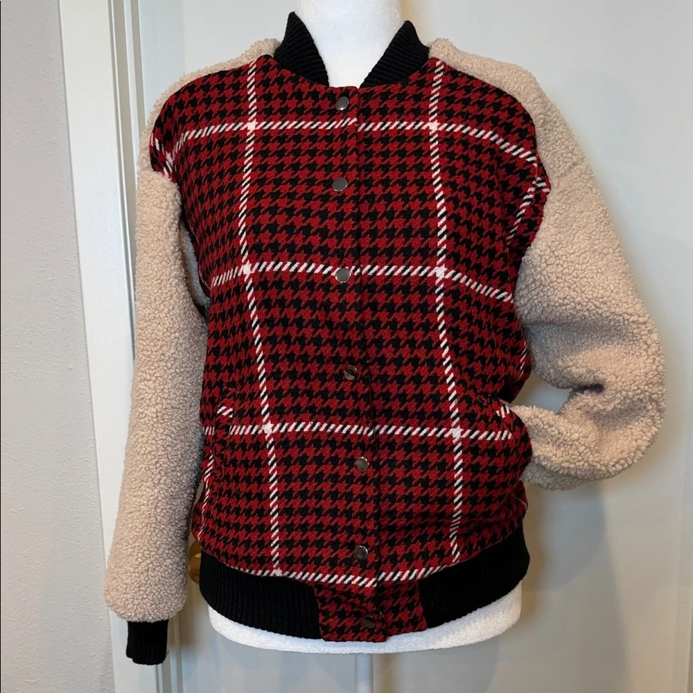 Ro & De Faux Shearling Varsity Bomber Jacket Women’s Small Red Plaid